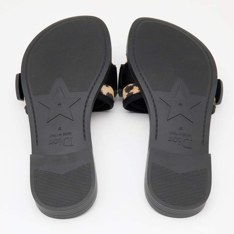 Pre Owned Dior Black/Beige Printed Fabric Dio(r)evolution Flat Slides Size 37