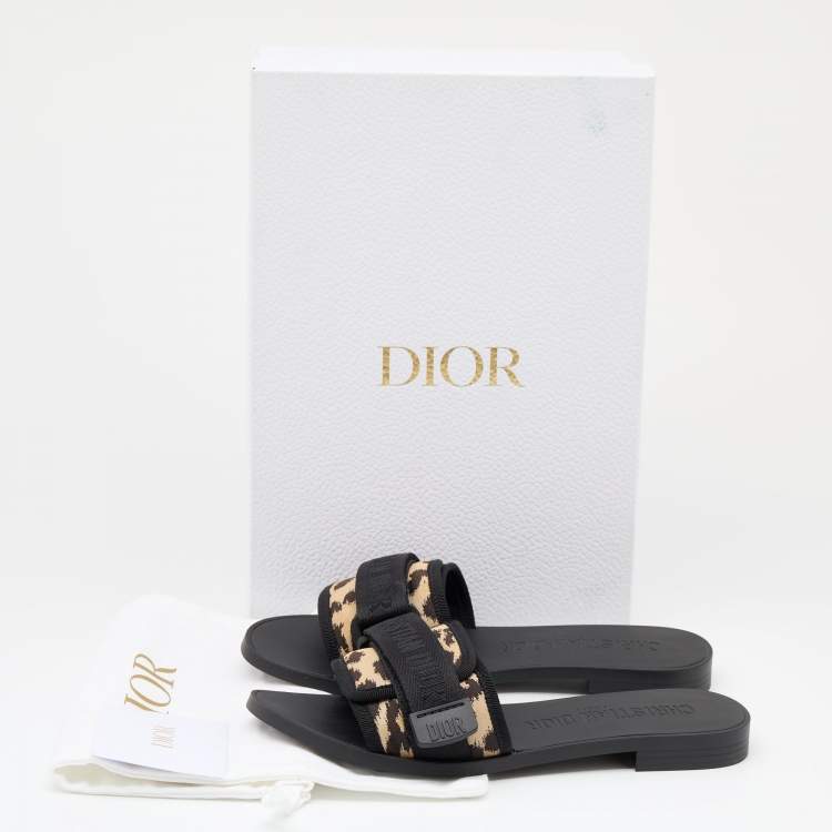 Pre Owned Dior Black/Beige Printed Fabric Dio(r)evolution Flat Slides Size 37