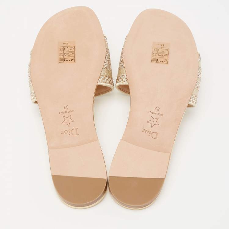 Pre Owned Dior Gold Canvas Crystal Embellished  D-Way Flat Slides Size 37 