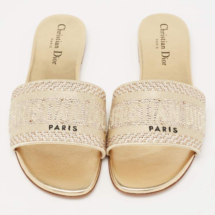 Pre Owned Dior Gold Canvas Crystal Embellished  D-Way Flat Slides Size 37 