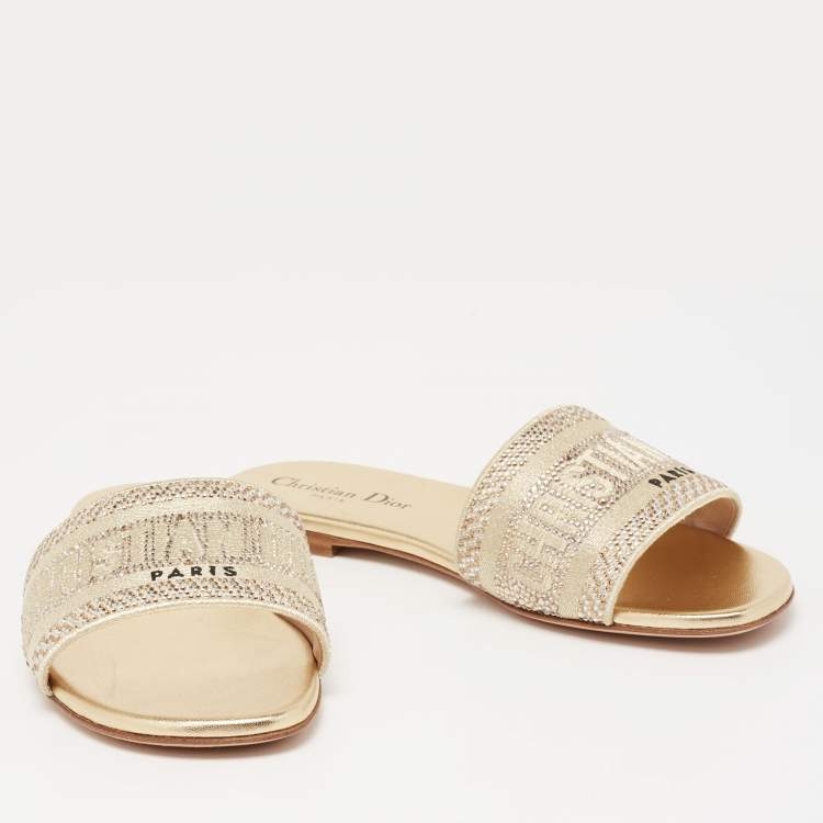 Pre Owned Dior Gold Canvas Crystal Embellished  D-Way Flat Slides Size 37 