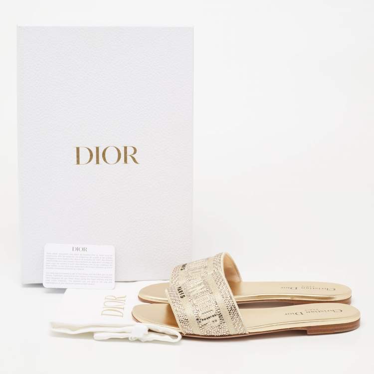 Pre Owned Dior Gold Canvas Crystal Embellished  D-Way Flat Slides Size 37 