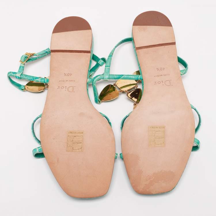 Pre Owned Dior Green Croc Embossed Leather Crystal  Embellished Strappy Flat Sandals Size 40.5