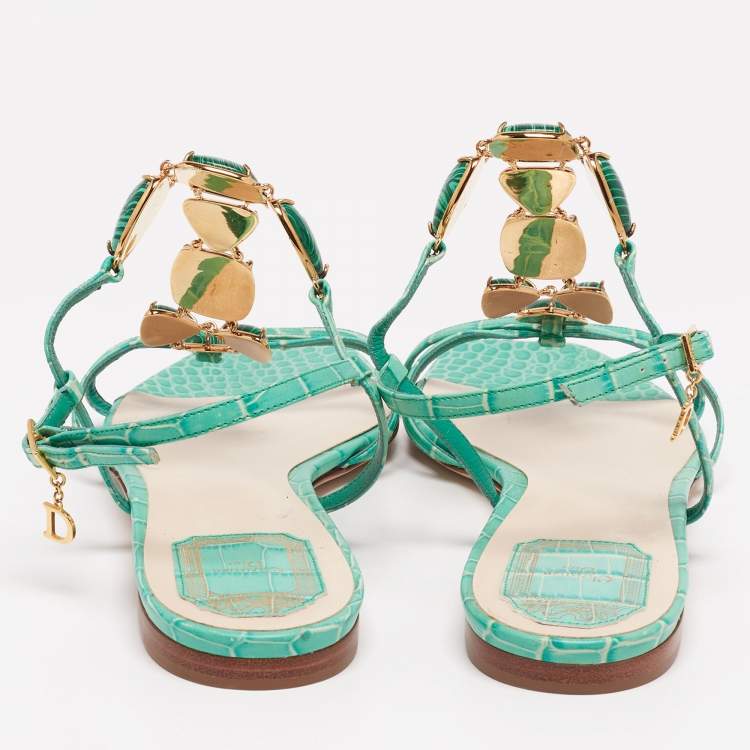 Pre Owned Dior Green Croc Embossed Leather Crystal  Embellished Strappy Flat Sandals Size 40.5