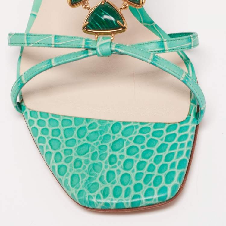 Pre Owned Dior Green Croc Embossed Leather Crystal  Embellished Strappy Flat Sandals Size 40.5