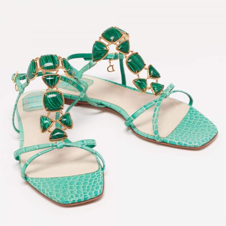 Pre Owned Dior Green Croc Embossed Leather Crystal  Embellished Strappy Flat Sandals Size 40.5