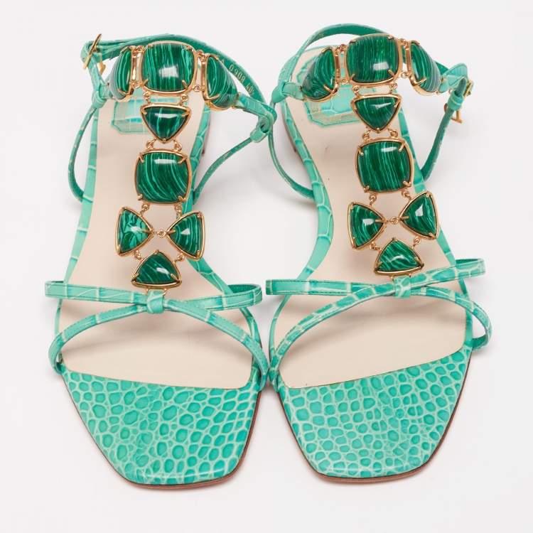 Pre Owned Dior Green Croc Embossed Leather Crystal  Embellished Strappy Flat Sandals Size 40.5