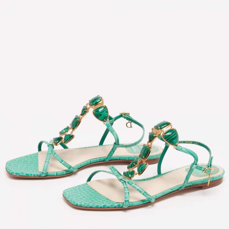 Pre Owned Dior Green Croc Embossed Leather Crystal  Embellished Strappy Flat Sandals Size 40.5