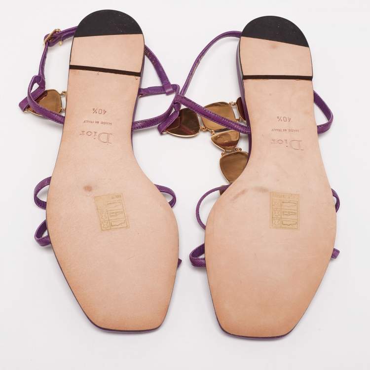Pre Owned Dior Purple Leather Crystal  Embellished Strappy Flat Sandals Size 40.5
