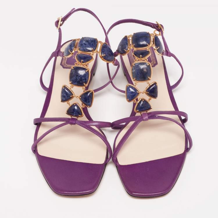 Pre Owned Dior Purple Leather Crystal  Embellished Strappy Flat Sandals Size 40.5