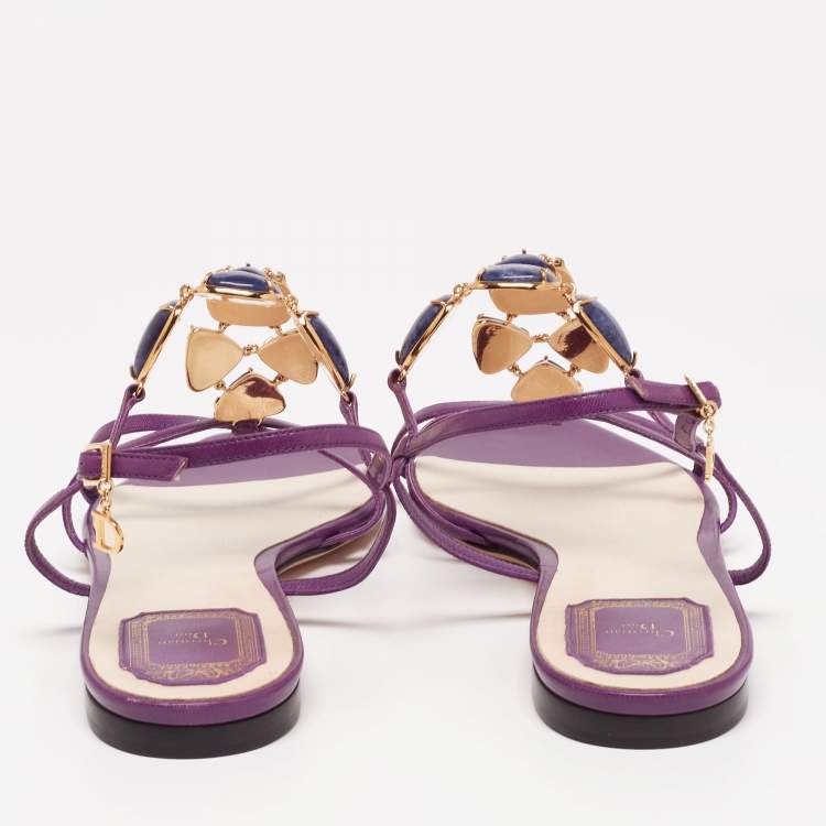 Pre Owned Dior Purple Leather Crystal  Embellished Strappy Flat Sandals Size 40.5