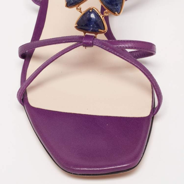 Pre Owned Dior Purple Leather Crystal  Embellished Strappy Flat Sandals Size 40.5