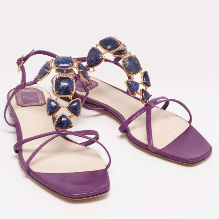 Pre Owned Dior Purple Leather Crystal  Embellished Strappy Flat Sandals Size 40.5