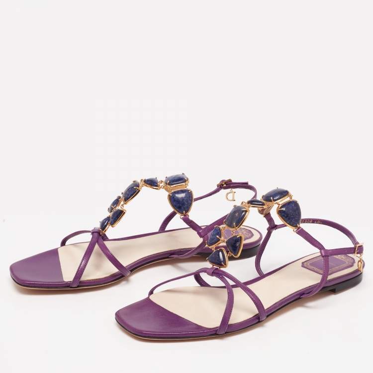 Pre Owned Dior Purple Leather Crystal  Embellished Strappy Flat Sandals Size 40.5