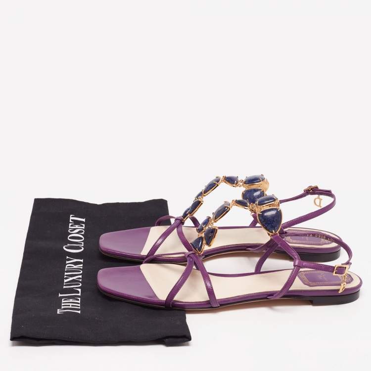 Pre Owned Dior Purple Leather Crystal  Embellished Strappy Flat Sandals Size 40.5