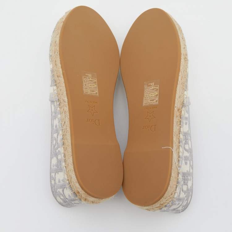 Pre Owned Dior Dark Grey/White Oblique Embroidered Cotton Fabric Granville Espadrille Flats Size 37.5