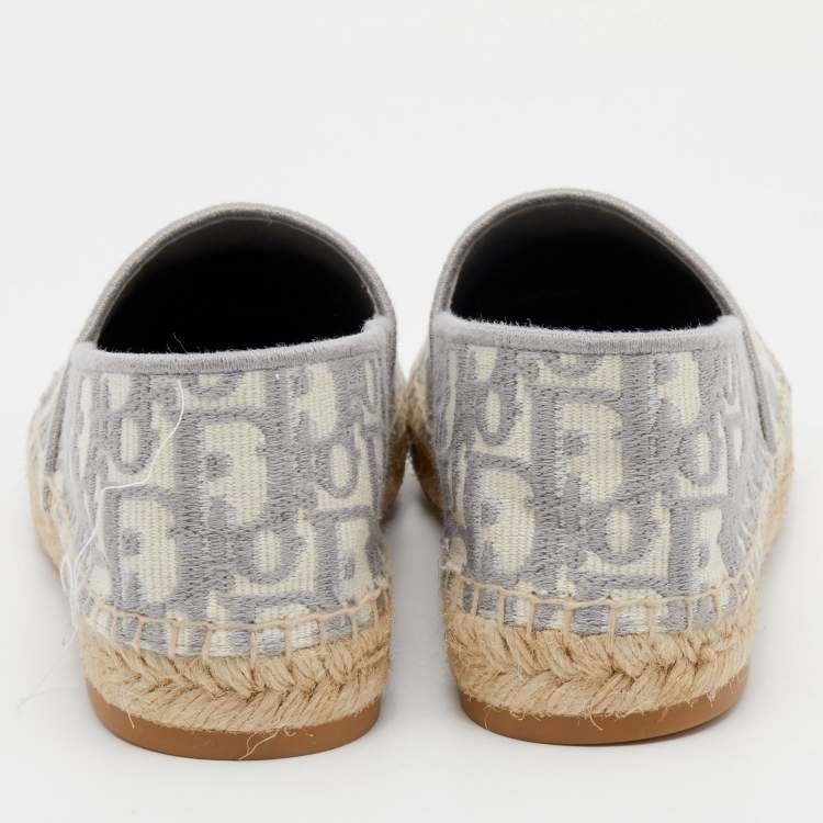 Pre Owned Dior Dark Grey/White Oblique Embroidered Cotton Fabric Granville Espadrille Flats Size 37.5