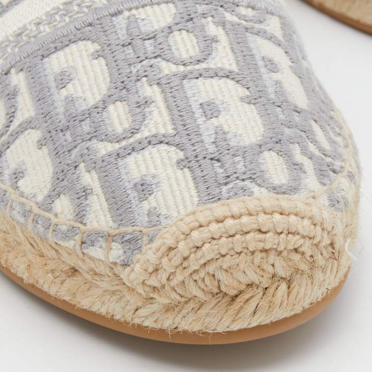Pre Owned Dior Dark Grey/White Oblique Embroidered Cotton Fabric Granville Espadrille Flats Size 37.5