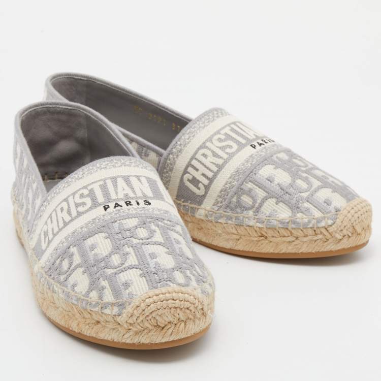 Pre Owned Dior Dark Grey/White Oblique Embroidered Cotton Fabric Granville Espadrille Flats Size 37.5
