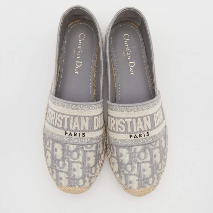 Pre Owned Dior Dark Grey/White Oblique Embroidered Cotton Fabric Granville Espadrille Flats Size 37.5