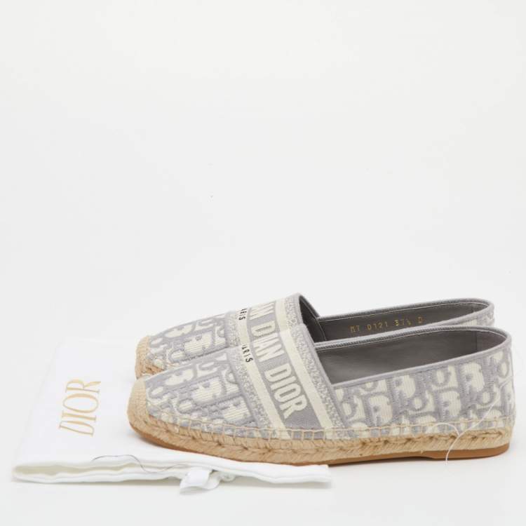 Pre Owned Dior Dark Grey/White Oblique Embroidered Cotton Fabric Granville Espadrille Flats Size 37.5