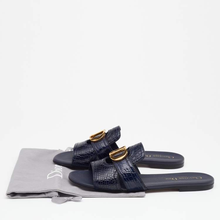 Pre Owned Dior Navy Blue Alligator Leather 30 Montaigne Flat Slides Size 38