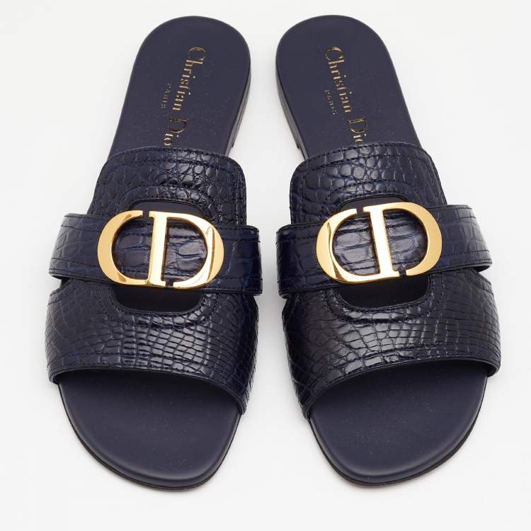 Pre Owned Dior Navy Blue Alligator Leather 30 Montaigne Flat Slides Size 38