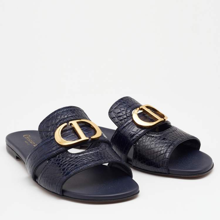 Pre Owned Dior Navy Blue Alligator Leather 30 Montaigne Flat Slides Size 38