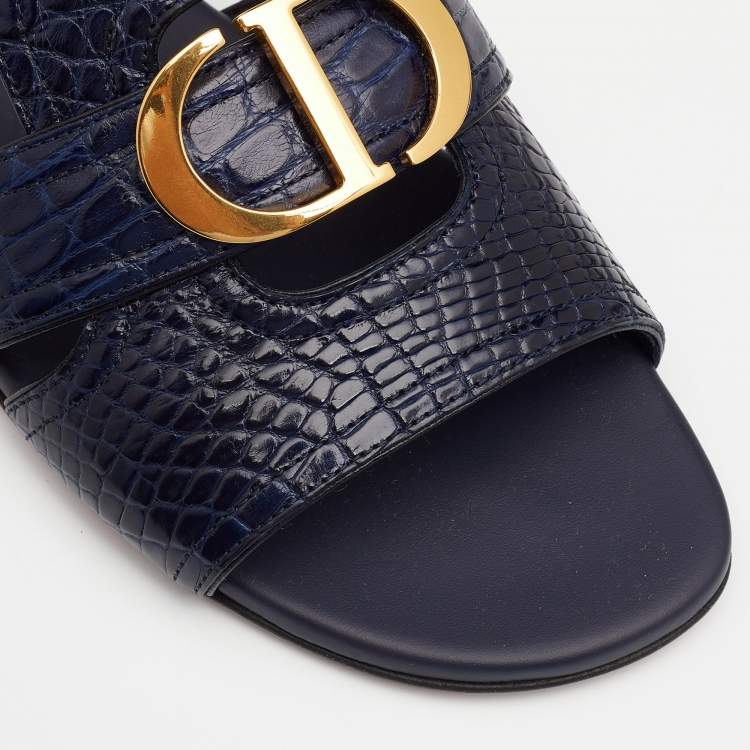 Pre Owned Dior Navy Blue Alligator Leather 30 Montaigne Flat Slides Size 38