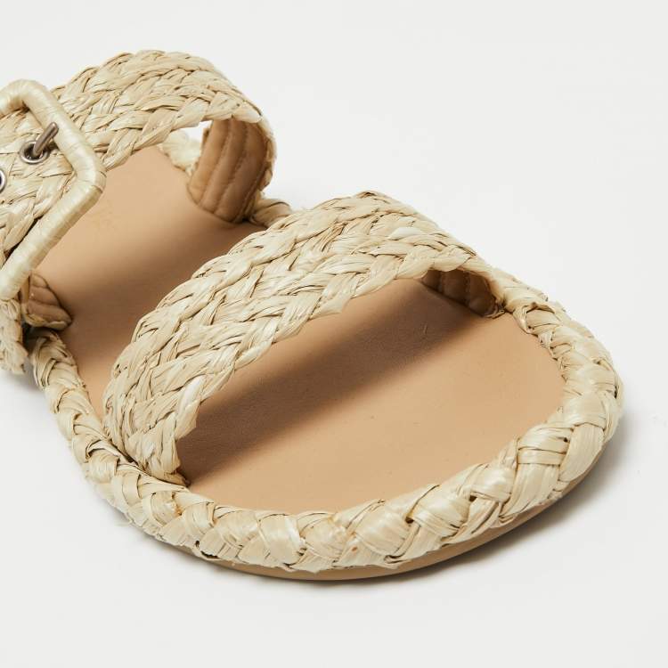 Pre Owned Dior Beige Woven Straw Flat Slides Size 39