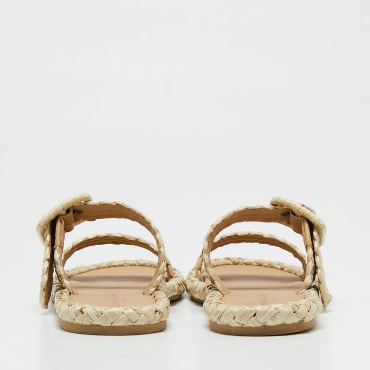 Pre Owned Dior Beige Woven Straw Flat Slides Size 39
