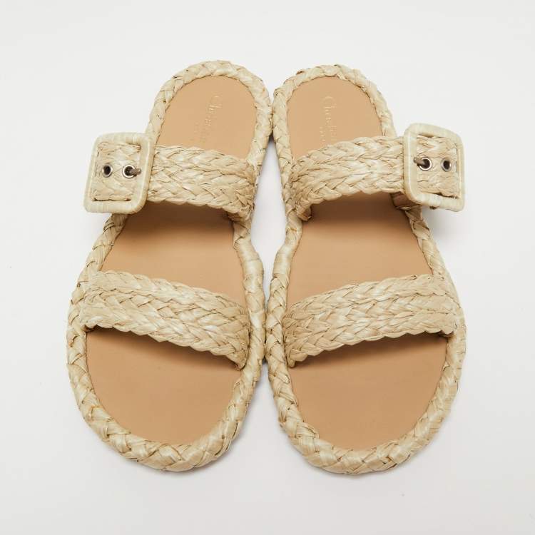 Pre Owned Dior Beige Woven Straw Flat Slides Size 39