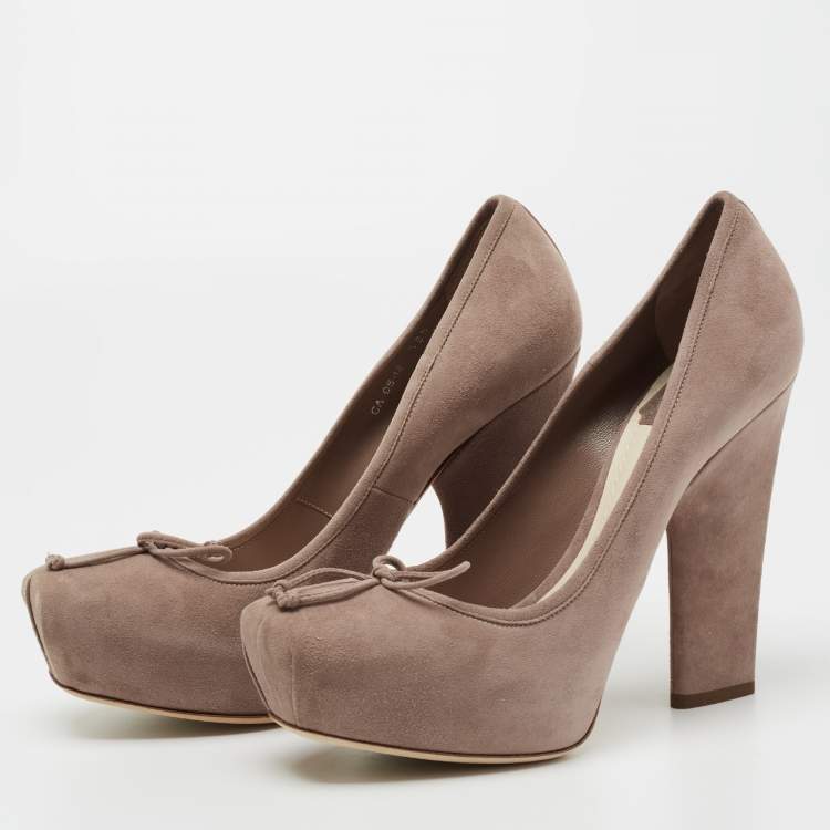 Pre Owned Dior Beige Suede Bow Square Toe Block Heel Pumps Size 38.5
