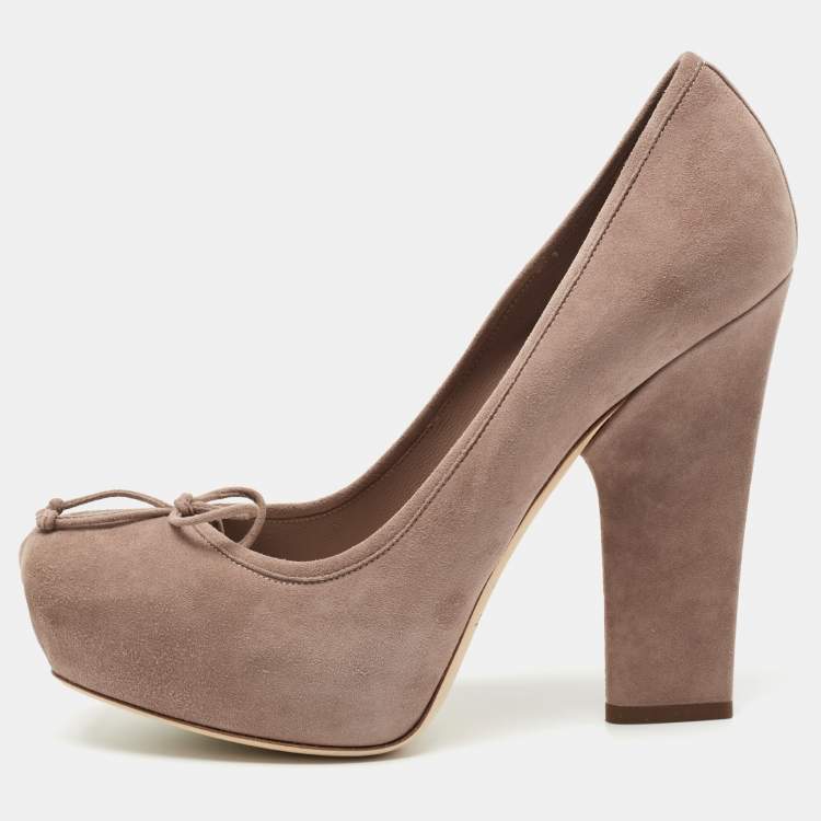 Pre Owned Dior Beige Suede Bow Square Toe Block Heel Pumps Size 38.5