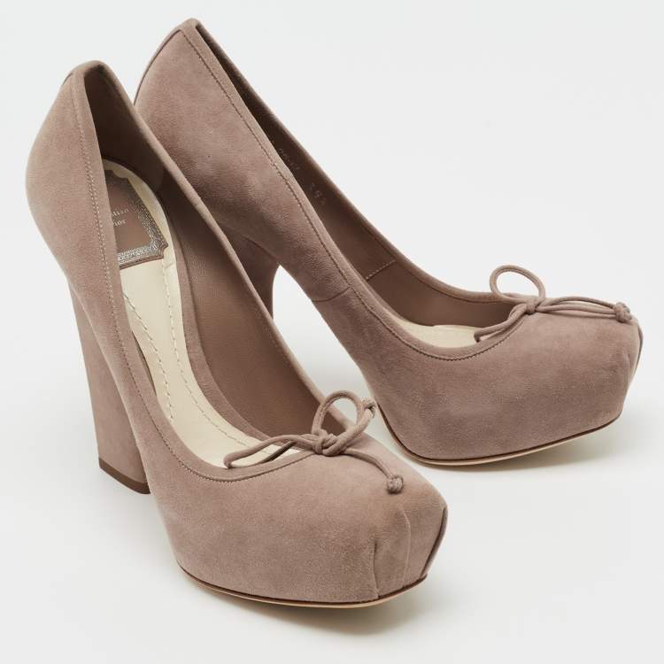 Pre Owned Dior Beige Suede Bow Square Toe Block Heel Pumps Size 38.5