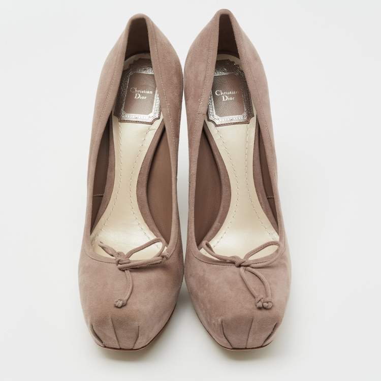 Pre Owned Dior Beige Suede Bow Square Toe Block Heel Pumps Size 38.5