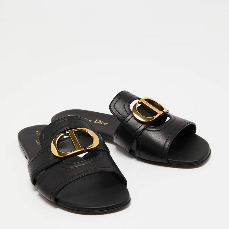 Pre Owned Dior Black Leather 30 Montaigne Flat  Sandals Size 36