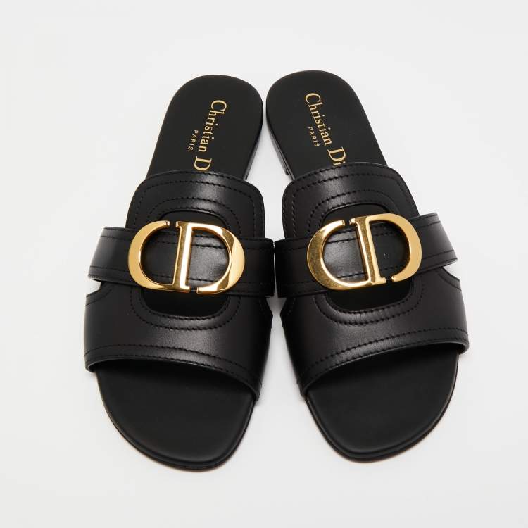 Pre Owned Dior Black Leather 30 Montaigne Flat  Sandals Size 36