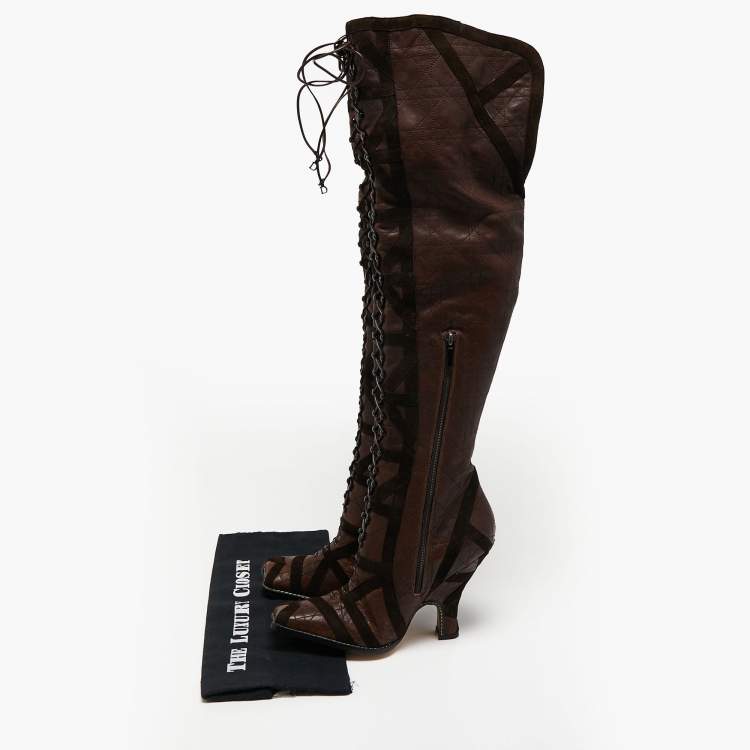 Pre Owned Dior Brown Suede and Leather Knee-Length Boots Size 40.5 