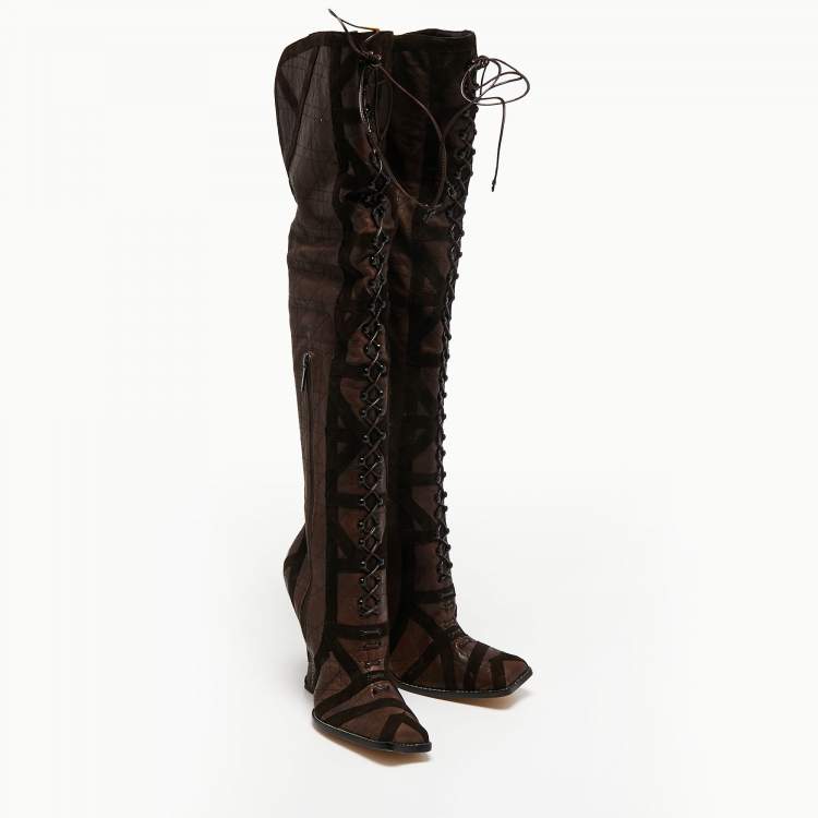 Pre Owned Dior Brown Suede and Leather Knee-Length Boots Size 40.5 