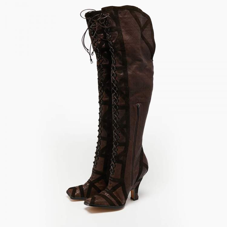 Pre Owned Dior Brown Suede and Leather Knee-Length Boots Size 40.5 