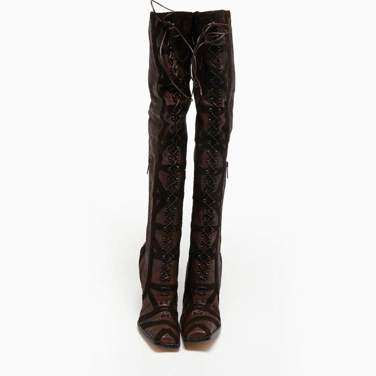 Pre Owned Dior Brown Suede and Leather Knee-Length Boots Size 40.5 