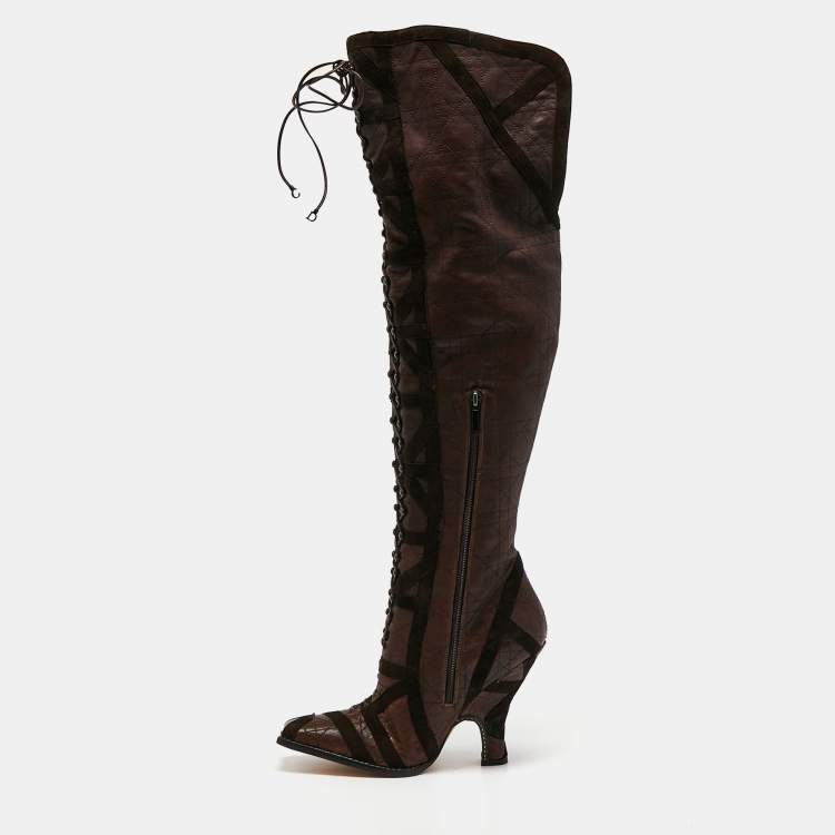 Pre Owned Dior Brown Suede and Leather Knee-Length Boots Size 40.5 