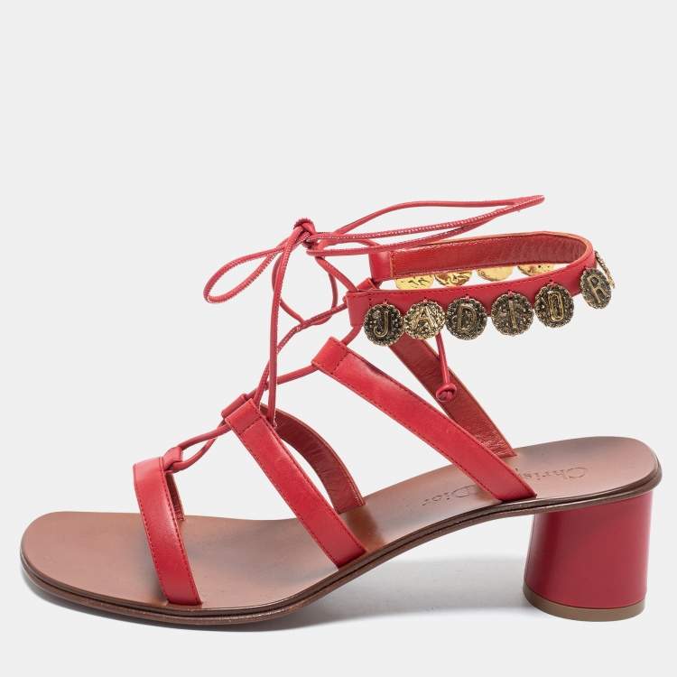 مملوكة مسبقًا Dior Red Leather Zodiac Ankle Tie Sandals Size 38.5