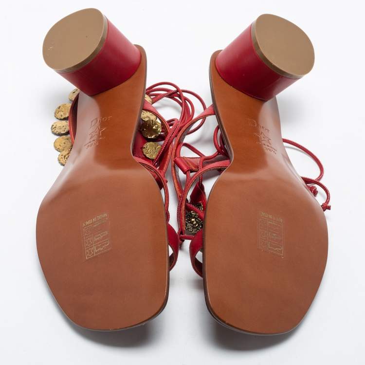 مملوكة مسبقًا Dior Red Leather Zodiac Ankle Tie Sandals Size 38.5