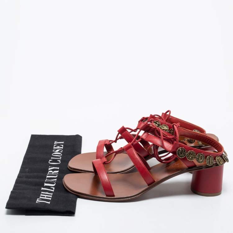 مملوكة مسبقًا Dior Red Leather Zodiac Ankle Tie Sandals Size 38.5
