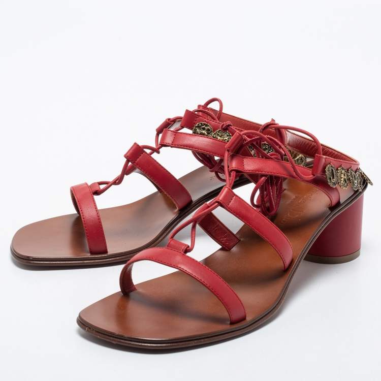 مملوكة مسبقًا Dior Red Leather Zodiac Ankle Tie Sandals Size 38.5