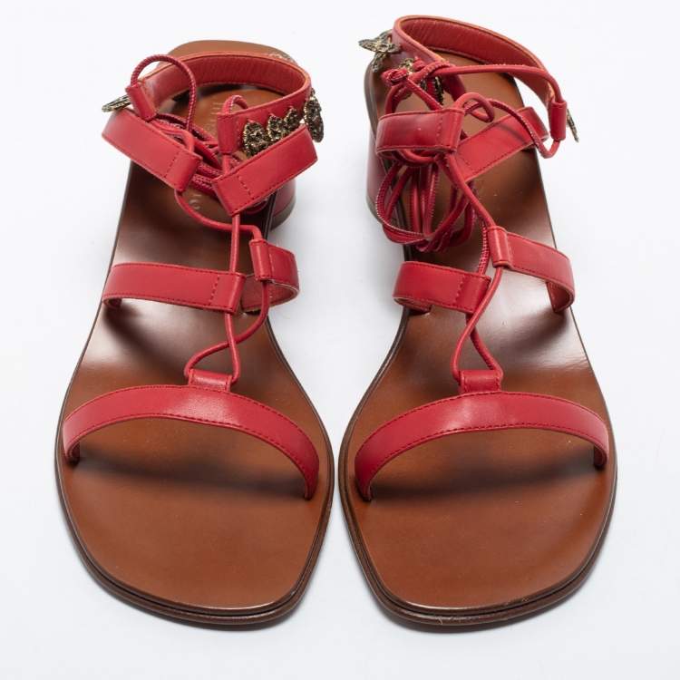 مملوكة مسبقًا Dior Red Leather Zodiac Ankle Tie Sandals Size 38.5