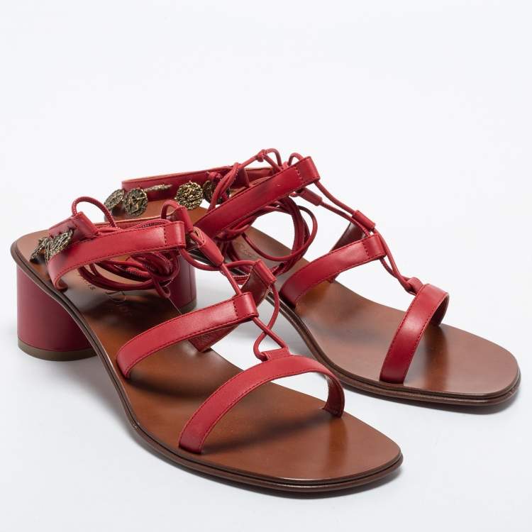 مملوكة مسبقًا Dior Red Leather Zodiac Ankle Tie Sandals Size 38.5