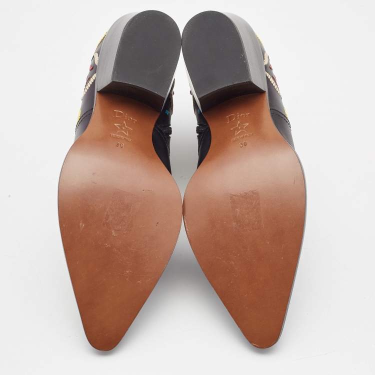 Pre Owned Dior Black Leather Embroidered Cowboy Ankle Boots Size 39